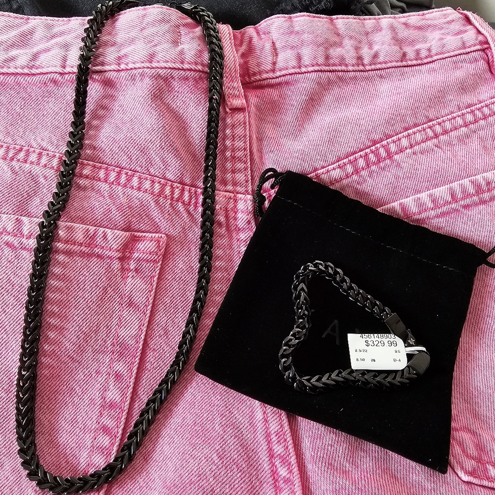 Foxtail Black Ion Plated Chain Necklace Bracelet Set